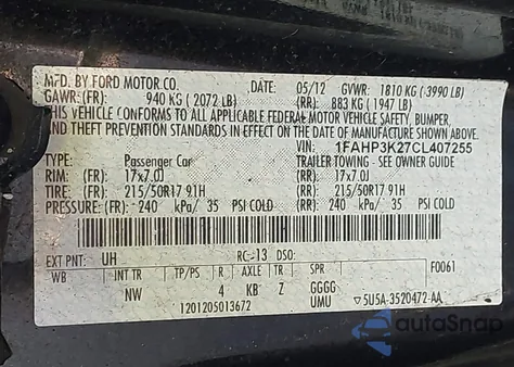 2012 Ford Focus Se from USA, damaged, VIN 1FAHP3K27CL407255